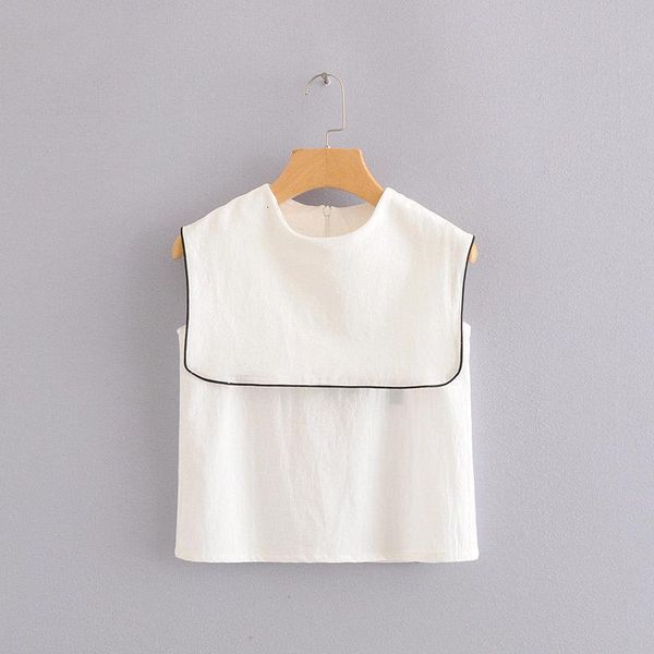 

2021 new fashion navy wind women o neck sleeveless contrast edge casual blouses shirts women chic back zipper blusas, White