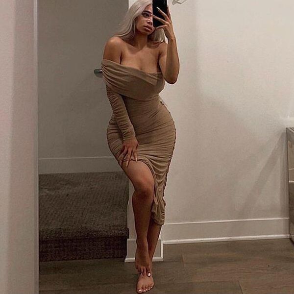 

2021 spring summer a strapless shoulder single long beige sleeve pleated waist high bodycon female 7jpn, Black;gray