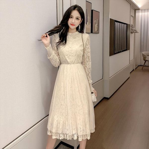

lace korean style elegant women dresses long sleeve hollow out mesh ladies sweet chic large size party dress, Black;gray