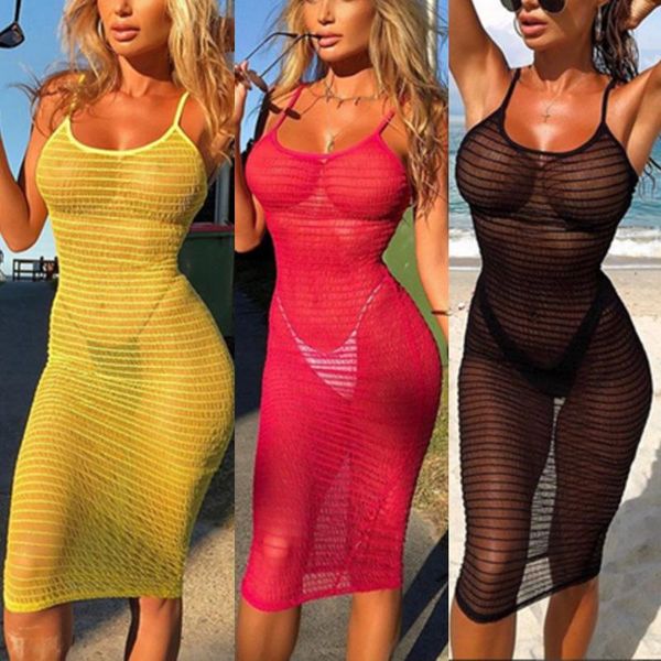 

women's swimwear women sheer mesh beach dress lady fashion solid bikini cover-ups girls summer casual sleeveless sling sundress, White;black