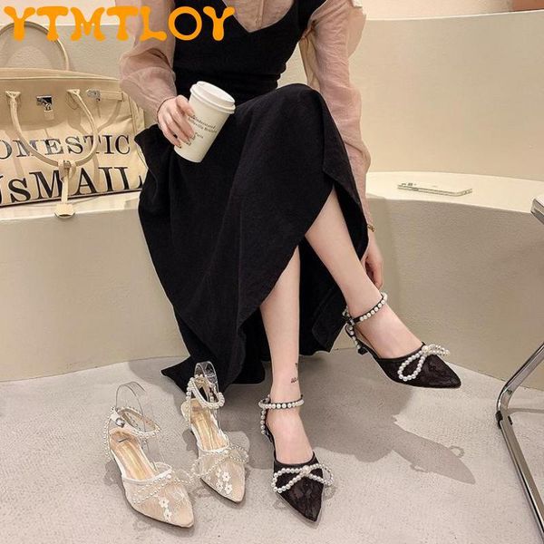 

sandals summer super baotou lace beaded buckle fairy style fashion wild mary jane, Black