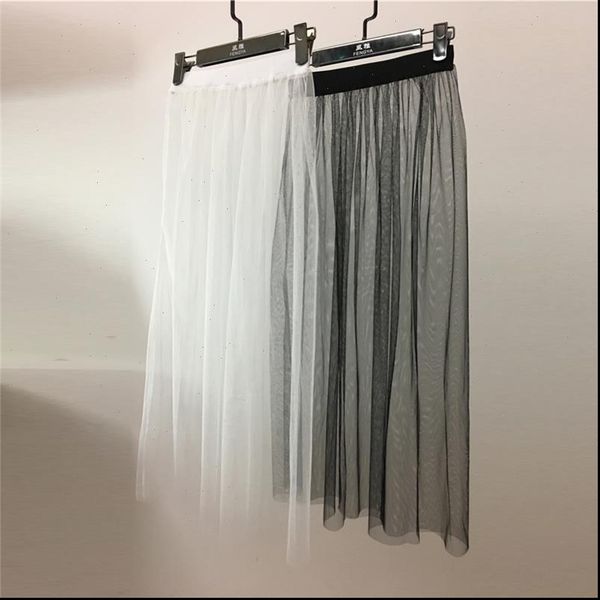 

summer women mesh midi skirt korean ladies casual vintage elegant transparent high waist tulle lace black white long skirt
