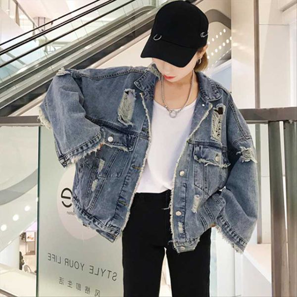 

women's jackets 2021 spring autumn fashion style loose lapel long sleeve hong kong ripped denim jacket trend h90, Black;brown