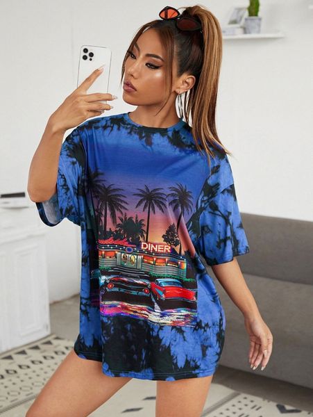 

car & coconut tree print tie dye tee o0w8#, White