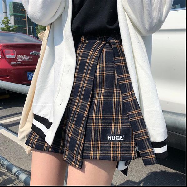

womens skirts japanese harajuku ulzzang plaid irregular buckle high waist a line skirt female korean kawaii clothing for women, Black