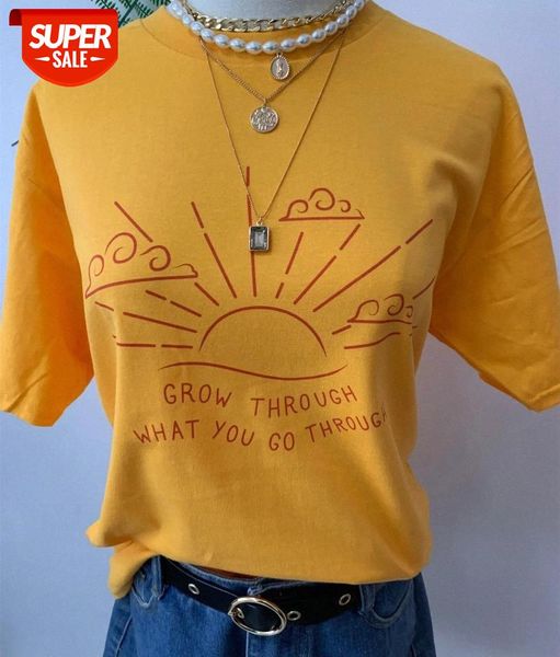 

sunfiz hjn grow through what you go through letter printed t shirt sun rise funny printing tee #oj73, White