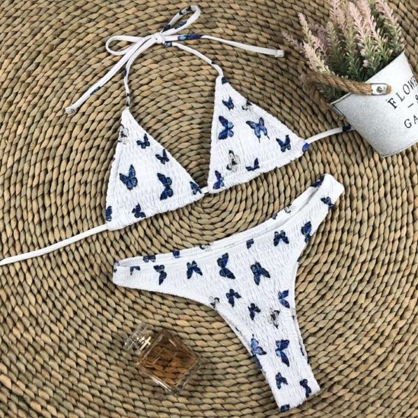 

2021 new butterfly printed halter bikini female swimsuit women swimwear two-pieces bikini set wrinkled bather bathing suit swim