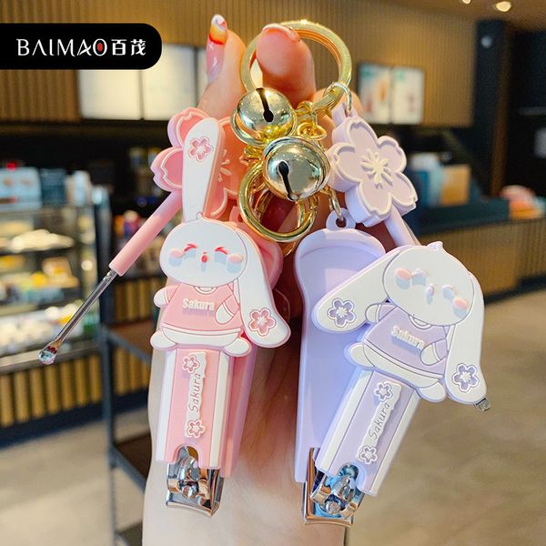 

key chain cute girl's heart powder rabbit ear spoon nail clipper fashion car creative men's and women's accessories, Silver