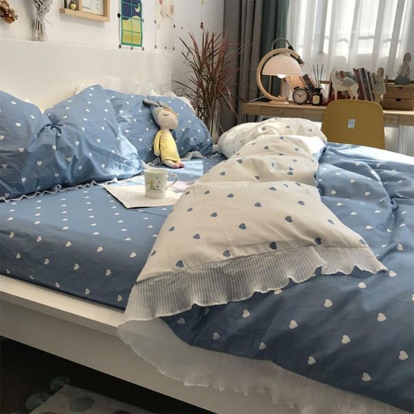 

sweet blue heart bedding set,lovely princess single double cotton twin full  home textile bed sheet pillow case quilt cover