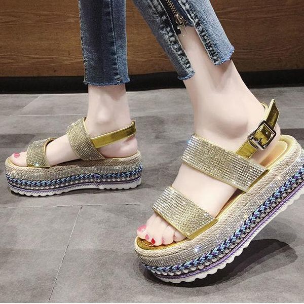 

women 2021 summer fairy wind walking shoes fashion rhinestone gloss sandals casual comfortable med heel roman sandals, Black