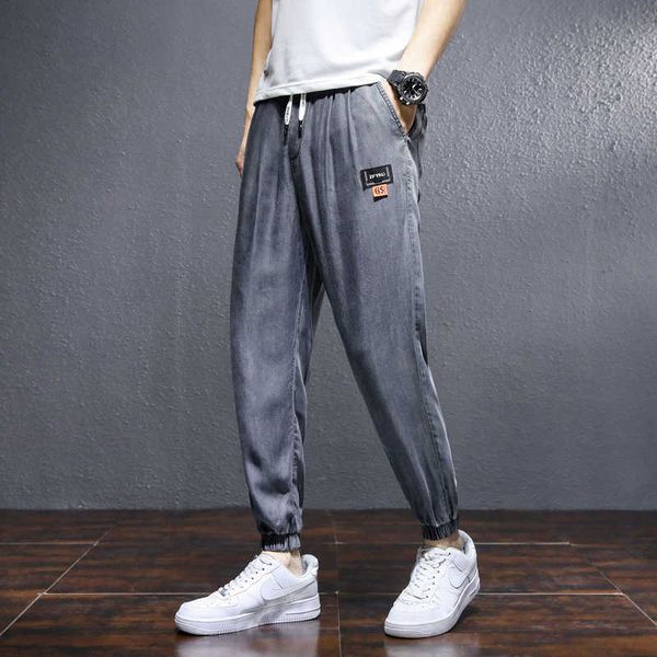 

oxygen ice bar tencel jeans men's loose harem pants summer ice thin nine point casual corset pants, Blue