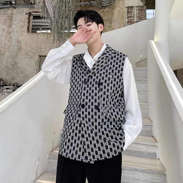 

men's vests man korean youth sleeveless blazer vest waistcoat letter print double breasted vintage fashion loose casual suit, Black;white