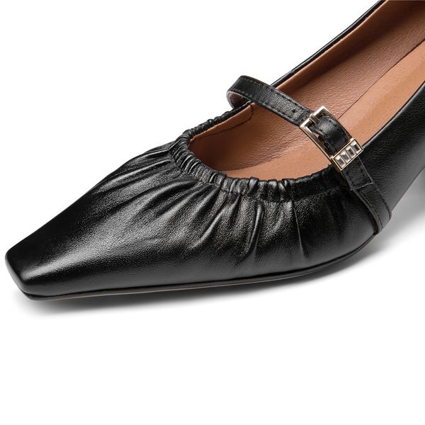 

womens genuine leather metal buckle thick heel pumps 5.5cm med heel ol style comfortable evening dress footwear square toe shoe, Black