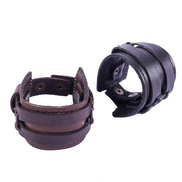 

beaded, strands leather wide men's bracelet punk retro street, Black