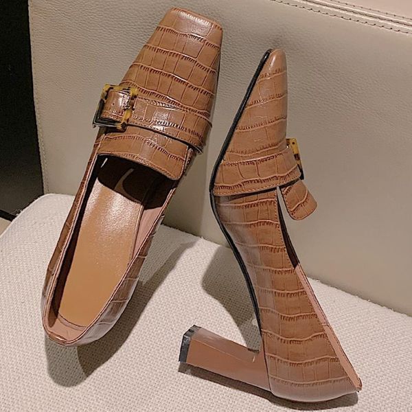 

dress shoes women's genuine leather thick high heel square toe slip-on pumps elegant ladies ol style daily heels metal buckle, Black