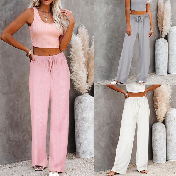 

2021 new womenÂ´s fashion casual wide leg pants wild loose trousers lace up home service pants solid color, Black;white