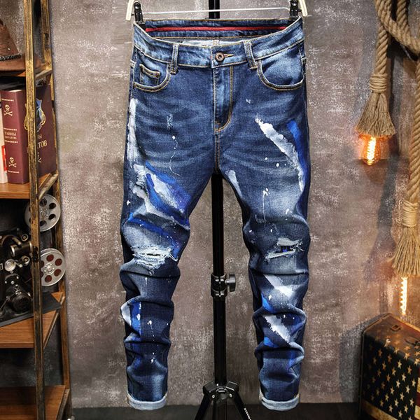 

spring and autumn trend personalized perforated jeans men's ink paint printing elastic leg casual pantswinter, Blue