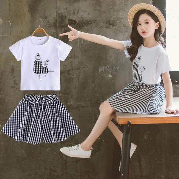 

clothing sets kids clothes letter tshirt + plaid skirt for girls 2021 summer girl teenage tracksuit11, White