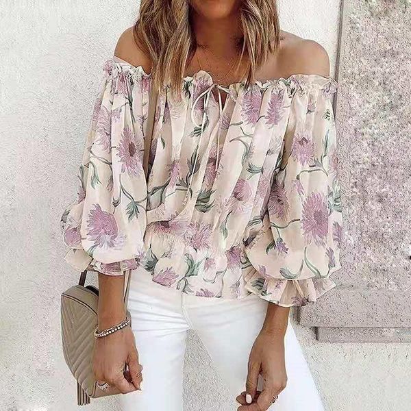 

women's blouses & shirts women t-shirt fashion casual elastic one-way neck strapless summer ladies tee loose puff sleeve printed female, White