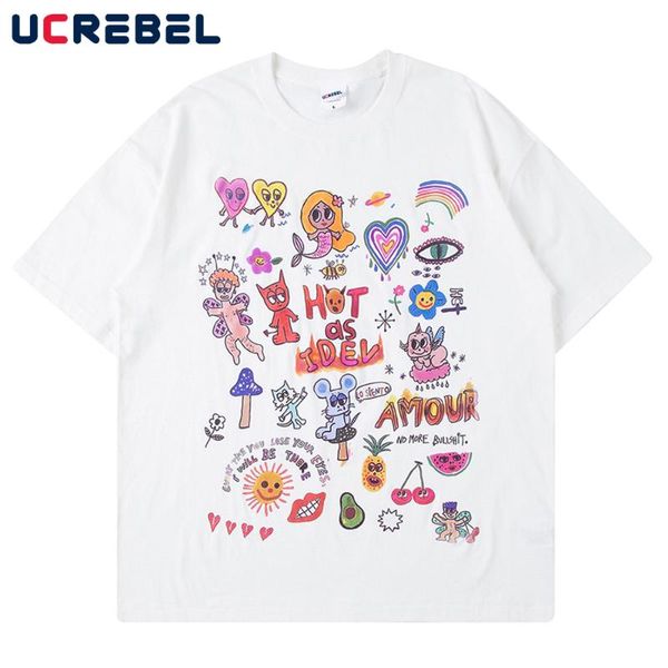 

men's t-shirts cartoon print short sleeve t-shirt mens streetwear summer half-sleeve casual loose crew neck cotton tee men, White;black