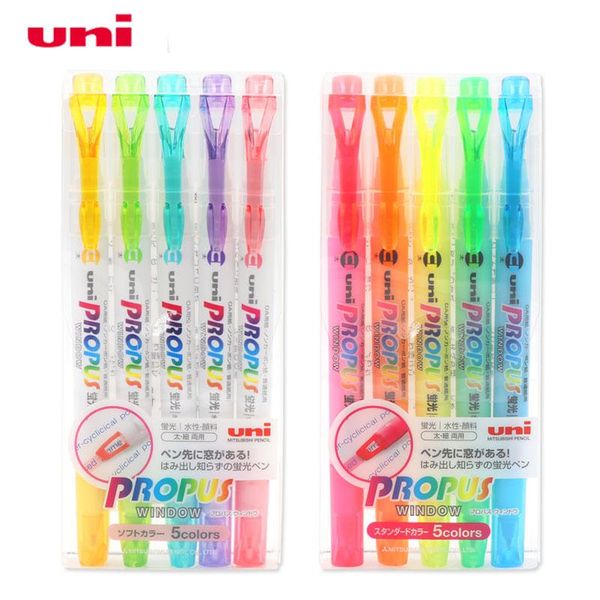 

highlighters 5pcs uni highlighter pen propus window double-sided pastel marker 4.0 mm / 6 pus-102t double-head kawaii student stationery, Black;red