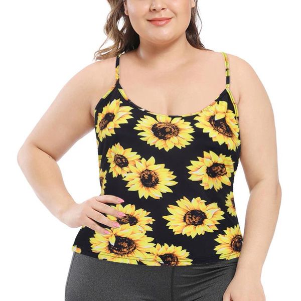 

plus size t-shirt women's summer sunflower print hollow out open back suspender vest sleeveless tank female backless loose, Black
