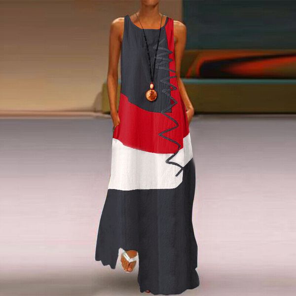 

women plus size ladies sleeveless vintage patchwork bohemian o neck beach maxi dressses female fashion vestidos for women, Black;gray