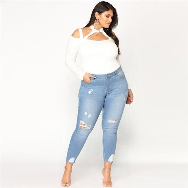 

women's jeans plus size for women ripped stretch blue woman 2021 pants skinny denim slim trousers full length pant 4fn