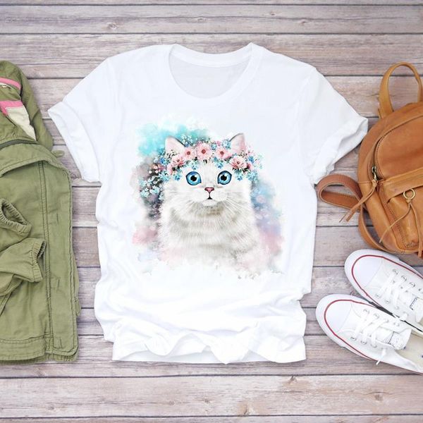

women cartoon cat watercolor floral animal cute fashion print lady t-shirts womens graphic t shirt female tee t-shirt, White