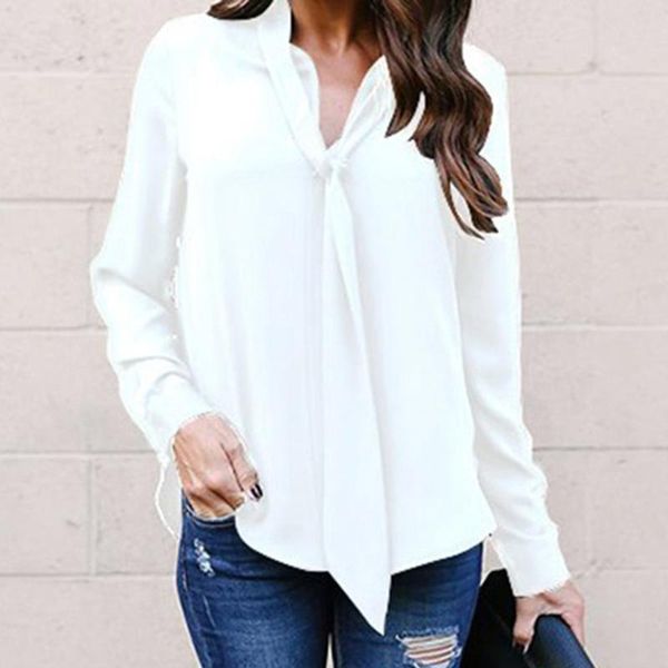 

women's blouses & shirts blouse women loose button office lady neckline knotted long sleeve t-shirt shirt blusas feminine female, White
