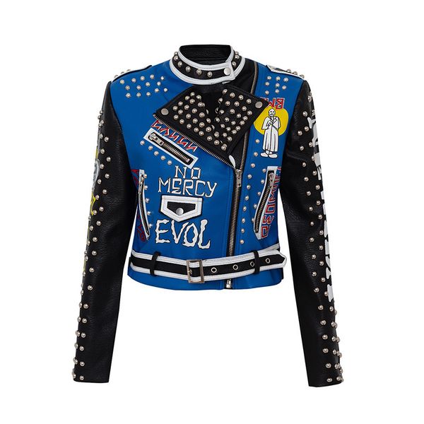 

leather jacket autumn and winter pu clothes women's handsome motorcycle korean version lapel long sleeve printing contrast color, Black