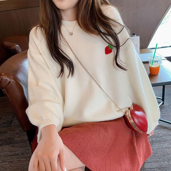 

fruit embroidery sweater women candy color pullover female round neck loose casual cute knitted autumn winter woman sweaters new, White;black