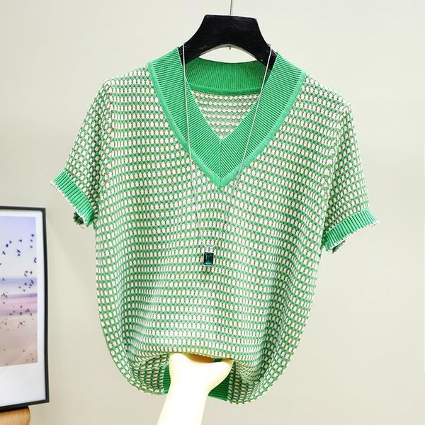 

women's t-shirt 2021 summer women fashion casual v-neck tees short sleeve knitted female hollow out solid pull jumper a43, White