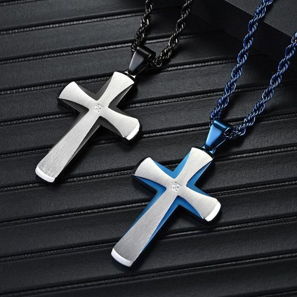 

pendant necklaces european and american original explosion style simple beveled titanium steel electric two-color cross men's necklace, Silver