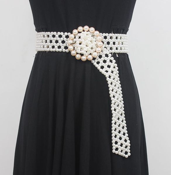 

belts women's runway fashion pearl knitted cummerbunds female dress coat corsets waistband decoration wide belt r3504, Black;brown
