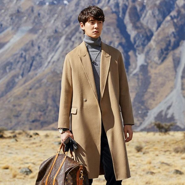 

men's wool & blends fashion double face winter long coat, Black