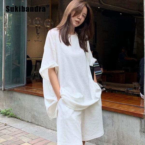 

women's tracksuits sukibandra 2021 summer short sleeve white oversized cotton tee tshirt and shorts women woman grey casual two 2 piece, Gray