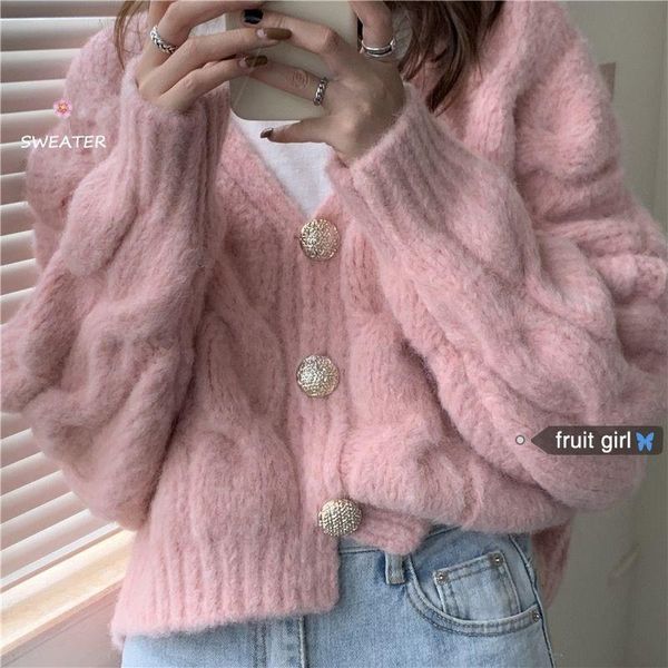 

women's knits & tees women cardigans v-neck 2021 korean sweet candy color cardigan female chic casual thick twisted warm sweater cute, White