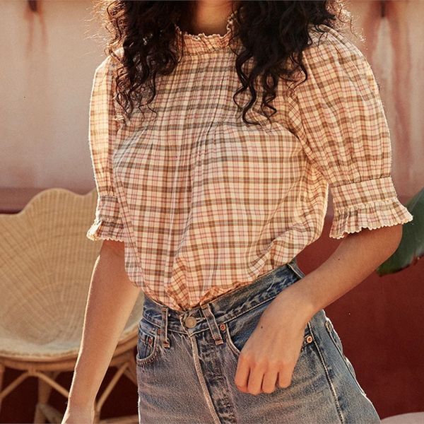 

2021 new plaid cotton ruffles blouse women short sleeve loose sweet chic shirt summer streetwear blusas mujer de moda wfxx, White