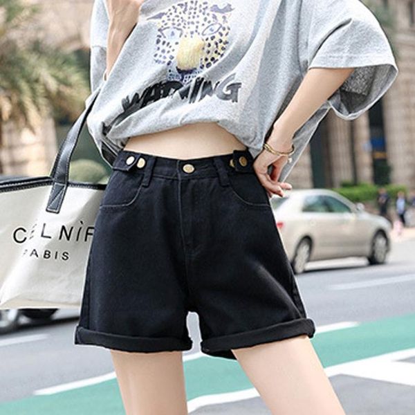 

2021 black denim shorts high waist women summer short jeans cotton white high waist wide leg shorts denim loose short pantsl, Blue