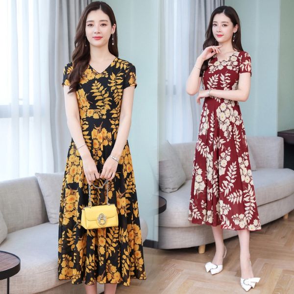 

new summer women's dress floral long skirt round neck short sleeve vestido, White