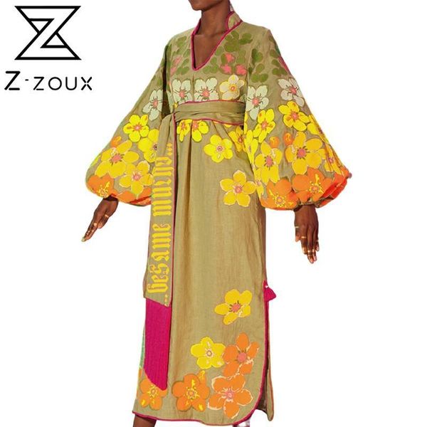 

casual dresses z-zoux women dress digital printing bohemia long print floral maxi stand collar lantern sleeve, Black;gray
