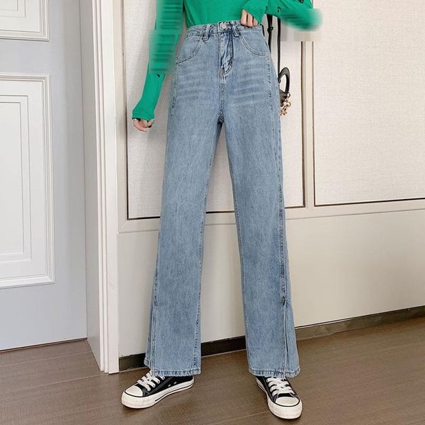 

women's jeans 2021 spring korean high waist split wide leg pants mop trousers, Blue
