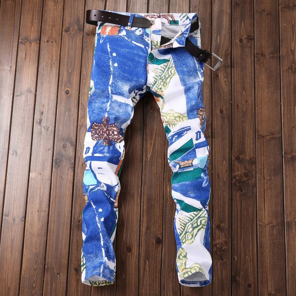 

2021 men's print moda hombre new skull graffiti mens uomo ny biker jeans for man denim punk pants pantalon hiver eez0, Blue