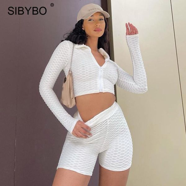 

women's tracksuits sibybo white two piece sets women tracksuit turn-down collar long sleeve and high waist shorts suits summer sport o, Gray
