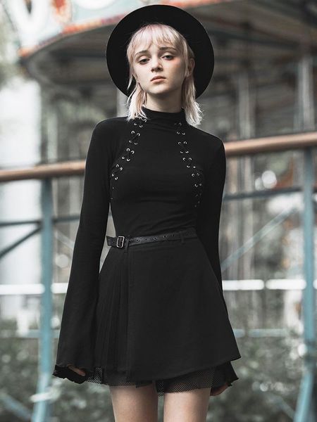 

skirts punk rave girl's gothic multilayer a-line skirt with waist belt, Black