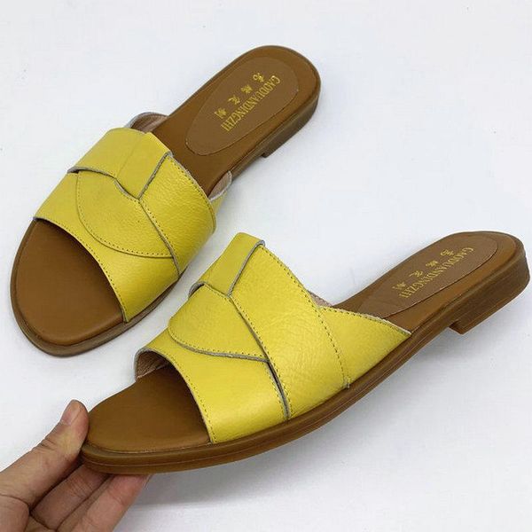

slippers 2021 beach women 100% cow leather sandals flat heel casual ladies shoes outdoor female slides, Black