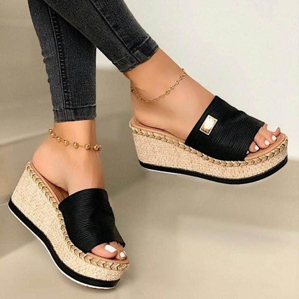

latform wedges slippers women sandals 2021 new female shoes fashion heeled shoes casual summer slides slippers women, Black