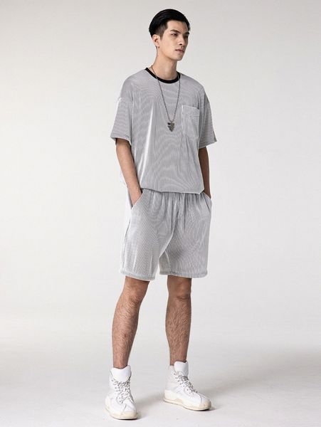 

men drop shoulder tee & shorts set a5xc#, Gray