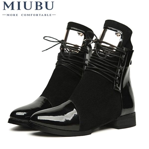 

boots miubu 36-43 women genuine leather flat ankle motorcycle autumn shoes winter patent botas, Black